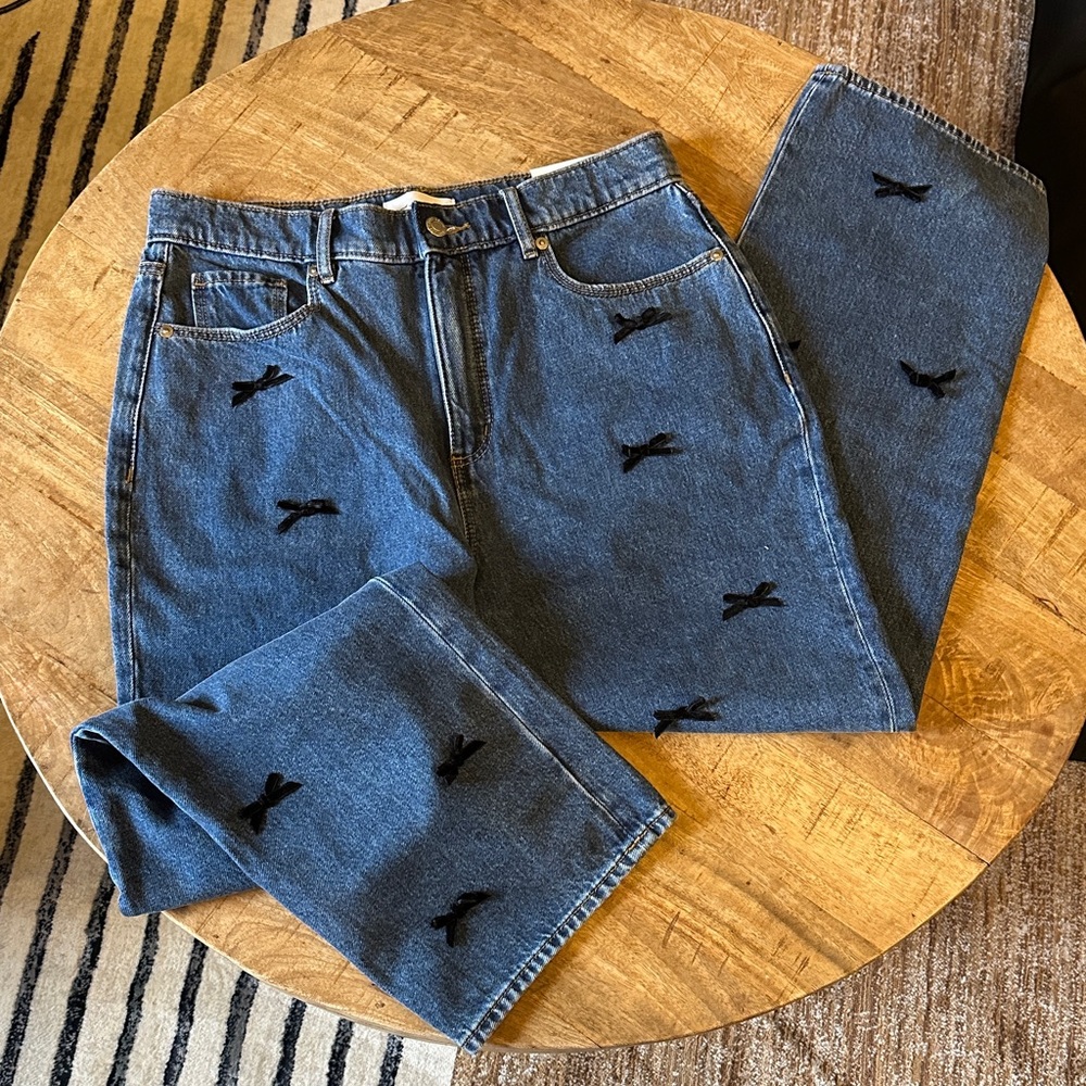 LOFT Dark Blue Straight Jeans with Black Embroidered Bows